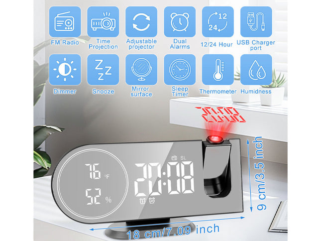 6 in 1 Digital Alarm Clock with 180° Projector FM Radio USB Charger Temperature Humidity Monitor Dual Alarm 7 Inch LED Display