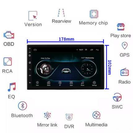Car multimedia system display with features and dimensions on a white background
