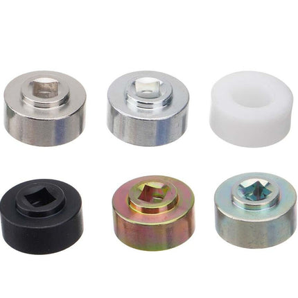 Six circular metal and plastic hardware components arranged in two rows on a plain white background. The set includes silver-toned metal pieces, a white cylindrical insert, a black cylindrical piece, and one iridescent gold-toned piece.