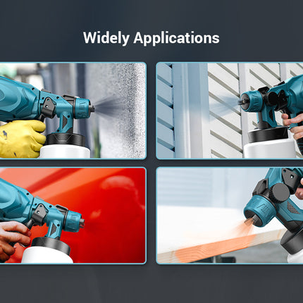 A promotional collage with the heading 'Widely Applications' showing a teal and black spray gun being used in four different scenarios: painting a wall, spraying water, painting a red car, and applying orange liquid to a surface. Hands are visible in some panels.