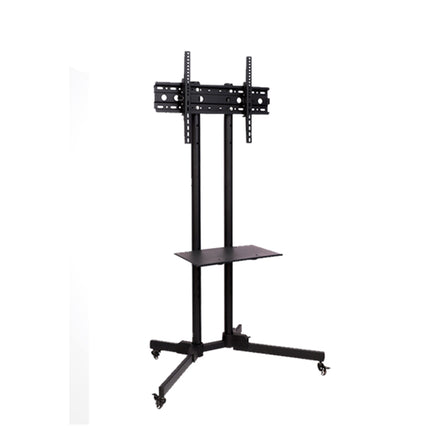 A black metal TV wall mount stand with a three-wheel wheeled base, a middle shelf, and a top mounting bracket, shown against a plain white background.