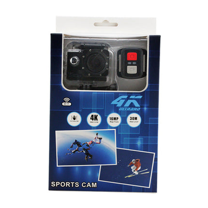 Package of a sports camera with 4K resolution on a white background