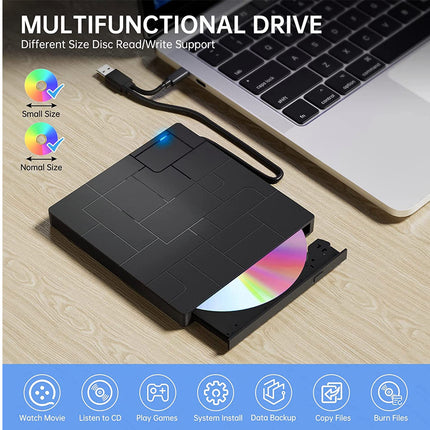 A black multifunctional external optical drive shown on a light wood desk next to a laptop, with a disc partially ejected. The image includes marketing text, size icons, and a blue feature banner at the bottom.