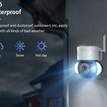 An outdoor security camera mounted on a gray wall, shown with text highlighting IP66 waterproofing and weather resistance against rain, snow, and hot days.