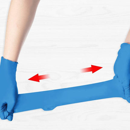 Person wearing blue gloves with arrows indicating a stretching action on a white background