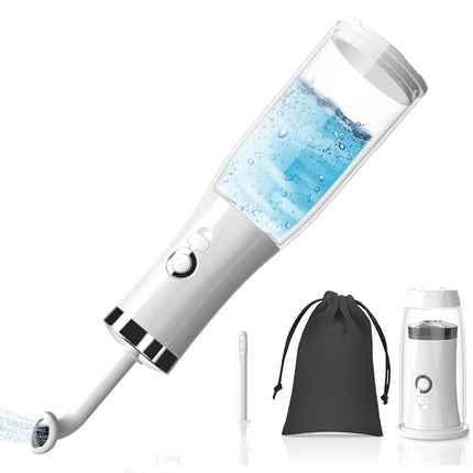 A white and clear oral irrigator water flosser with blue water inside, shown with a black drawstring pouch, a small accessory piece, and a separate white cap on a clean white background.