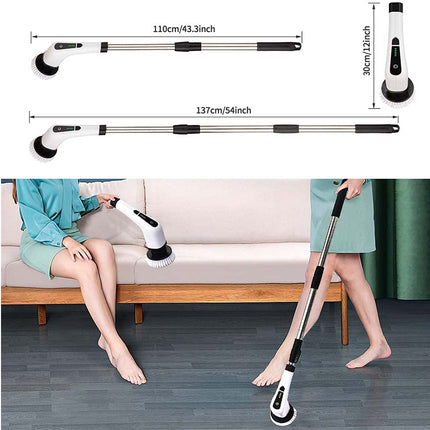 Cleaning tool with measurement details and usage on a couch.