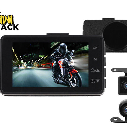 Motorcycle dashboard camera system with screen displaying a rider on a bike, mounted on a white background.