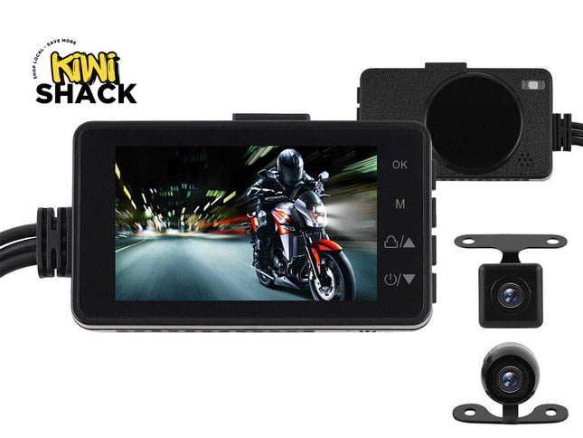 Motorcycle dashboard camera system with screen displaying a rider on a bike, mounted on a white background.