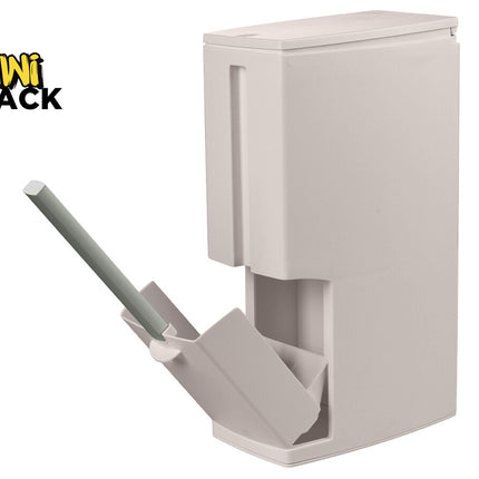 A white plastic toilet brush holder with an angled, pop-out storage compartment and an integrated long-handled brush extending outward, featuring a "Kiwi Shack" logo in the top left corner.