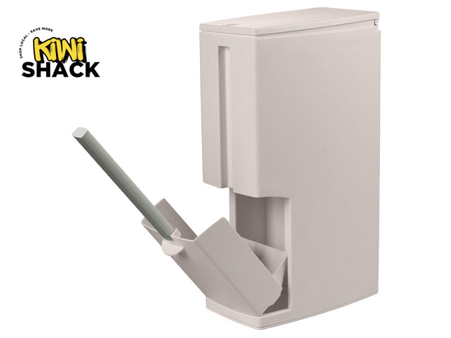 A white plastic toilet brush holder with an angled, pop-out storage compartment and an integrated long-handled brush extending outward, featuring a "Kiwi Shack" logo in the top left corner.