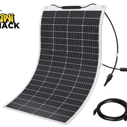 Flexible solar panel with cable on a white background, branded as Kiwi Shack.