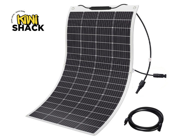 Flexible solar panel with cable on a white background, branded as Kiwi Shack.