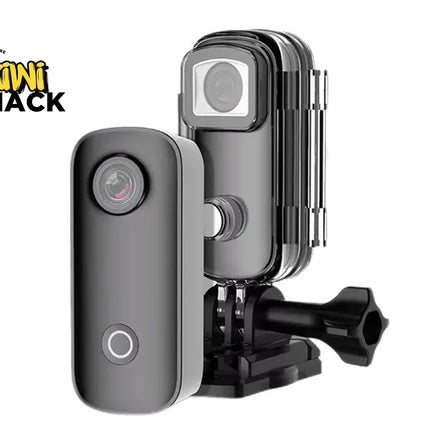 Action camera with additional lens attachment on a white background, featuring the Kiwi Shack logo.