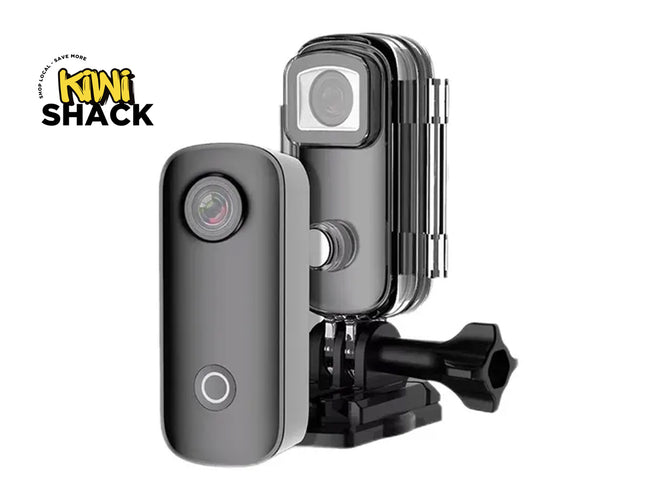Action camera with additional lens attachment on a white background, featuring the Kiwi Shack logo.