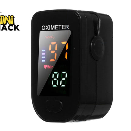 Black oximeter with digital display on a white background, branded 'Kiwi Shack'.