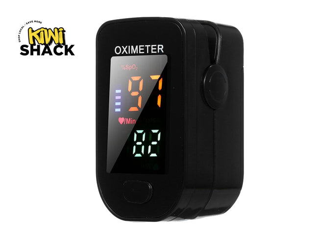 Black oximeter with digital display on a white background, branded 'Kiwi Shack'.