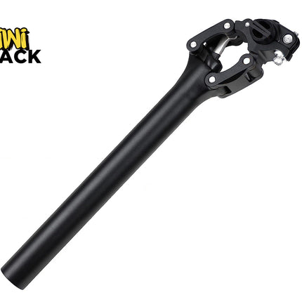 Black bicycle seat post with Kiwi Shack logo on a white background