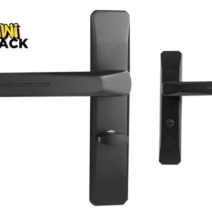 Pair of matte black modern door lever handles with long rectangular backplates, featuring a privacy turn-latch on the main handle, branded with the "Kiwi Shack" logo in the top-left corner.