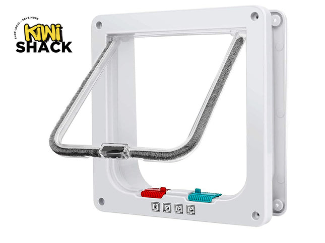 Pet door with electronic components on a white background, branded 'Kiwi Shack'.