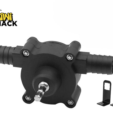 A black plastic hand drill-powered water transfer pump with barbed hose fittings and a metal hex drive shaft, shown with two small black mounting brackets on the right against a white background. A "Kiwi Shack" logo appears in the top-left corner.