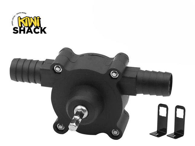 A black plastic hand drill-powered water transfer pump with barbed hose fittings and a metal hex drive shaft, shown with two small black mounting brackets on the right against a white background. A "Kiwi Shack" logo appears in the top-left corner.
