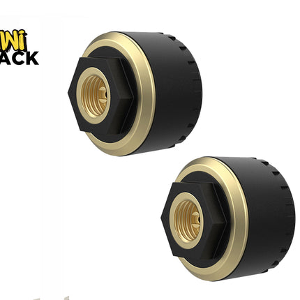 Two cylindrical black and gold adapters with threaded brass centers, displayed diagonally against a white background, featuring a "Kiwi Shack" logo in the top left corner.