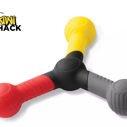 Colorful toy with red, yellow, and gray handles on a white background, featuring the Kiwi Shack logo.