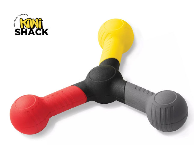 Colorful toy with red, yellow, and gray handles on a white background, featuring the Kiwi Shack logo.