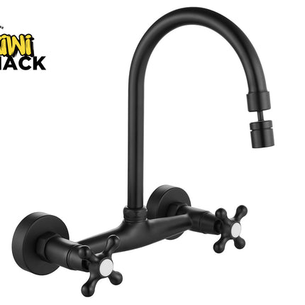 Black kitchen faucet with dual handles on a white background, featuring the Kiwi Shack brand.