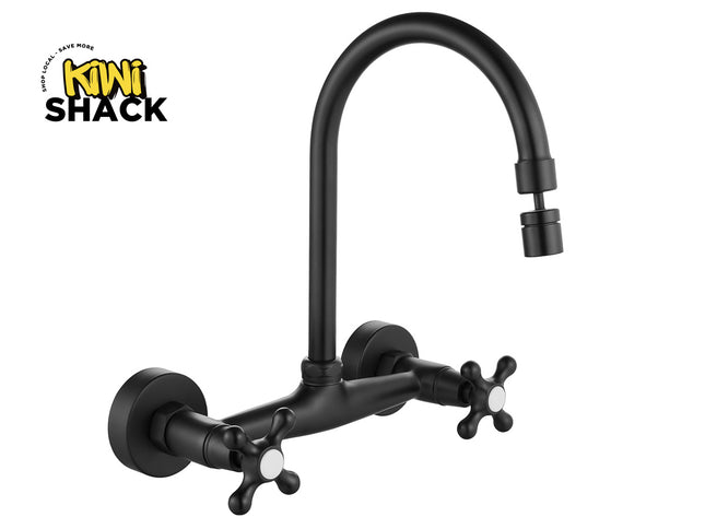 Black kitchen faucet with dual handles on a white background, featuring the Kiwi Shack brand.