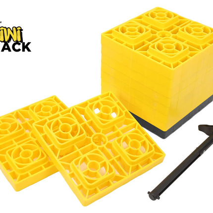 Yellow plastic modular block puzzle pieces and a black T-handle tool on a white background, with the Kiwi Shack logo in the top left corner.