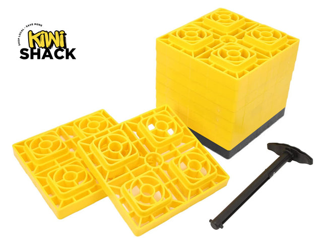 Yellow plastic modular block puzzle pieces and a black T-handle tool on a white background, with the Kiwi Shack logo in the top left corner.