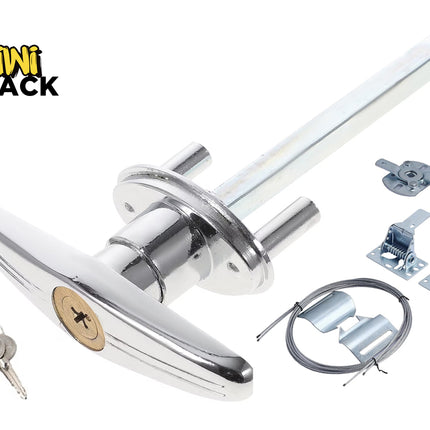 Chrome-plated T-handle locking latch with long square spindle shaft, two small keys bottom left, spring latches and cable hardware on the right, and Kiwi Shack logo in top left.