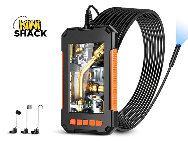 A black and orange endoscope camera with a coiled black cable, shown on a white background with the Kiwi Shack logo and three small accessories.