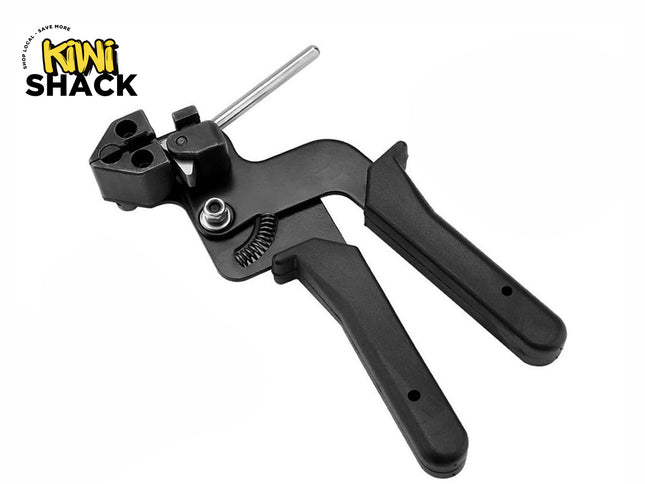 A black manual wire stripping tool with pistol-grip handles, an adjustment spring, and a multi-port cutting head, featuring a "Kiwi Shack" logo in the top left corner.