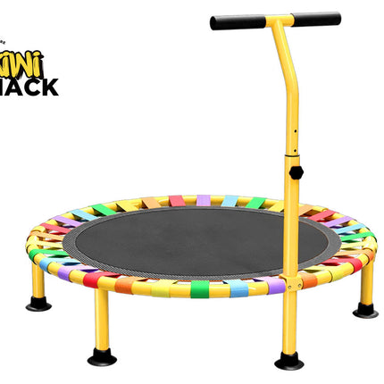 Colorful trampoline with handlebar on a white background, branded as Kiwi Shack.