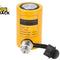 A yellow hydraulic oil reservoir with a black cap and threaded metal fitting, shown on a white background with a Kiwi Shack logo in the top-left corner.
