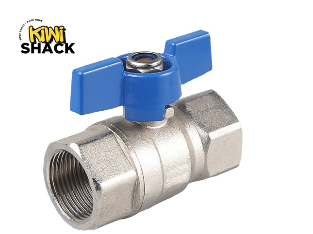 Metal valve with blue handle on a white background, featuring the Kiwi Shack logo.