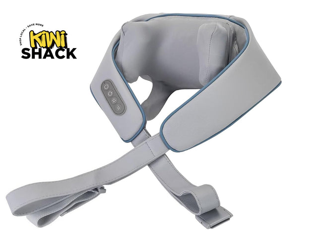 Gray neck massager with control panel on a white background, featuring the Kiwi Shack brand.