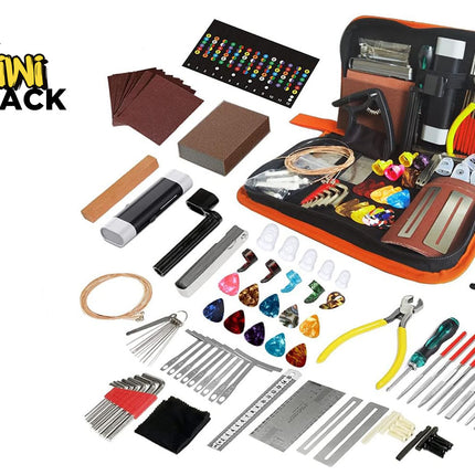 Kiwi Shack guitar repair kit with an open orange zip case and many small tools and parts arranged around it on a white background, including pliers, screwdrivers, metal files, tone pieces, and other repair accessories.