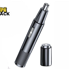 Dark grey/gunmetal electric personal grooming device / nose and ear hair trimmer with a knurled handle grip, slide power switch, rotary guard head, separate circular foil shaving attachment cap, and the Kiwi Shack logo watermark.