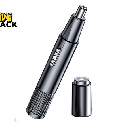 Dark grey/gunmetal electric personal grooming device / nose and ear hair trimmer with a knurled handle grip, slide power switch, rotary guard head, separate circular foil shaving attachment cap, and the Kiwi Shack logo watermark.