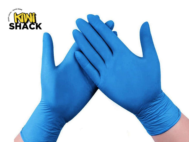 Blue gloves held together with 'Kiwi Shack' logo above on a white background