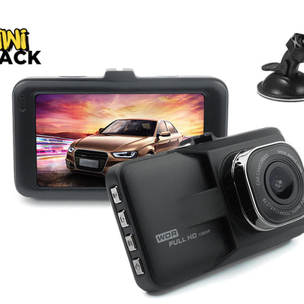 Car dashboard camera with screen displaying a car on a road, suction cup mount, and Kiwi Shack logo.