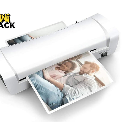 A white mini document scanner or printer with a photo of a couple printing out, shown on a white background with the Kiwi Shack logo in the top left corner.