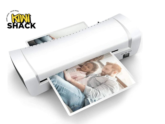 A white mini document scanner or printer with a photo of a couple printing out, shown on a white background with the Kiwi Shack logo in the top left corner.