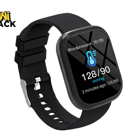Kiwi Shack fitness smart watch with health tracker, blood pressure monitor, and black silicone strap.