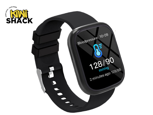 Kiwi Shack fitness smart watch with health tracker, blood pressure monitor, and black silicone strap.