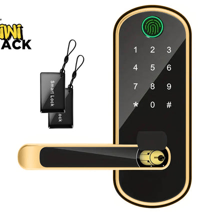Gold and black smart biometric door lock with a glowing green fingerprint scanner circle at top, illuminated touch keypad, horizontal lever handle featuring a slide-open manual keyhole, two black RFID key fob tags on lanyards, and Kiwi Shack logo in top left.